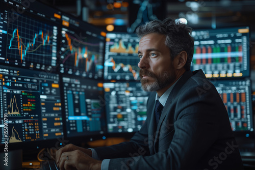 Person in suit analyzing forex chart on multiple screens in dark trading room, cinematic lighting, professional 3D render