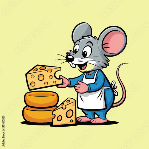 Cute Cartoon Mouse Chef Holding Cheese and Smiling Illustration Vector,Generative Ai