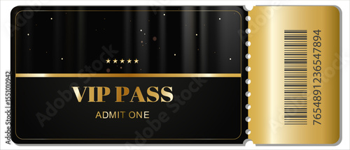 Black and gold VIP pass with elegant design featuring five stars and glowing particles. Perfect for exclusive events, premium access, luxury parties, and special admissions. Vector