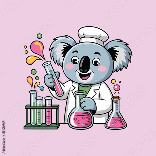 Cute Koala Scientist with Beakers and Colorful Chemistry Lab Illustration Vector,Generative Ai