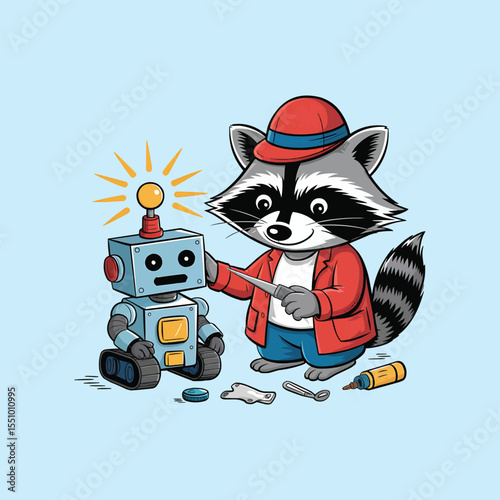 Cute Cartoon Raccoon Repairing Robot with Tools and Screws vector,Generative Ai