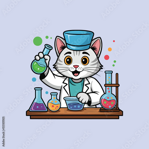 Happy Cartoon Cat Scientist Mixing Chemicals in a Lab Table Illustration,Generative Ai
