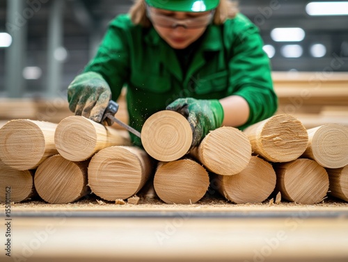 Worker shaping wooden logs in a factory photo