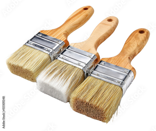 Three paintbrushes with light-colored wooden handles and metal caps, arranged in a slight overlapping pattern