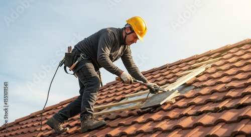 Roof Repair: A Roofer Working on a Tile Roof