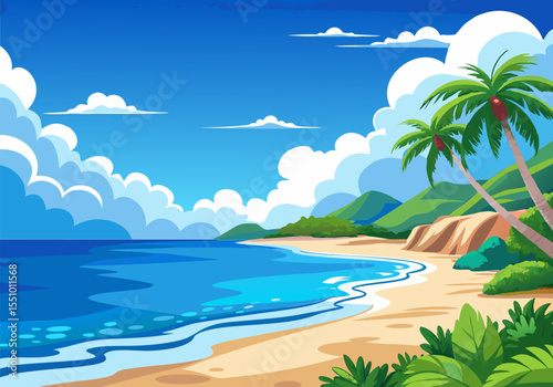 Tranquil Tropical Beach. Idyllic Ocean View with Palm Trees