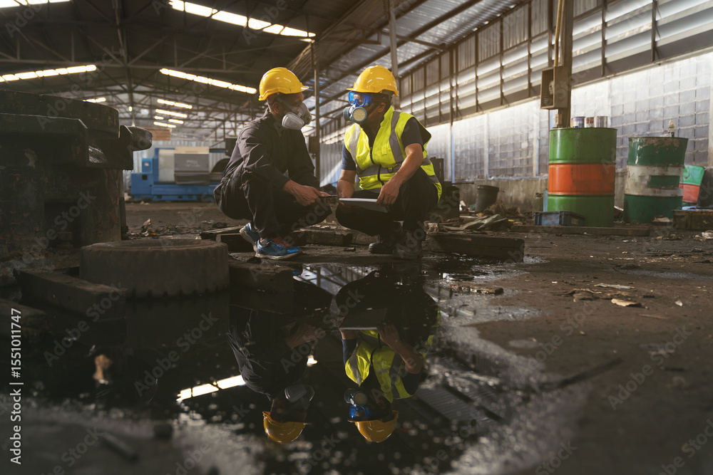 Fototapeta premium Liquid flowing in the factory. Chemical leak and safety first concept. Group of chemical specialist wear safety uniform, gas mask inspecting chemical leak in industry factory