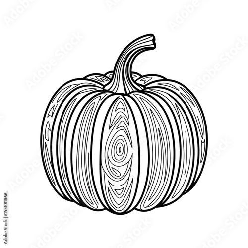 A black and white pumpkin illustration line art of a coloring page