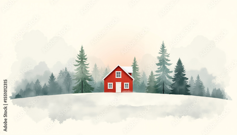 Fototapeta premium Red cabin surrounded by pine trees in a winter Nordic landscape art