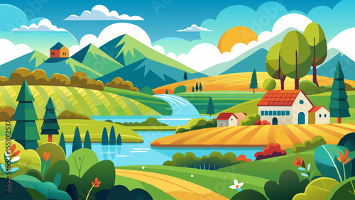 Picturesque Countryside Landscape. Serene River. Rolling Hills. and Farm Houses
