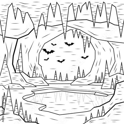 A black and white cave illustration line art of a coloring page