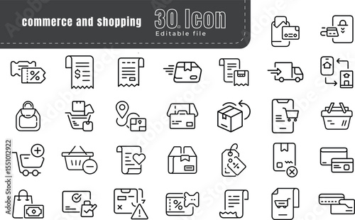E-commerce and shopping line icons set. Pixel perfect. Thin outline Editable Stroke file. The set contains icons: Online Shopping, Black Friday, Discounts, Best Price, Home Shopping, Home Delivery, St
