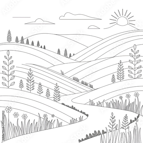 A black and white hill illustration line art of a coloring page