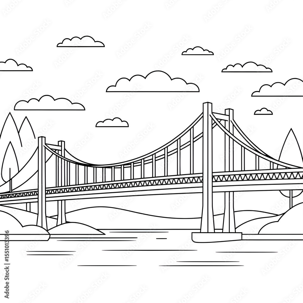 A black and white bridge illustration line art of a coloring page