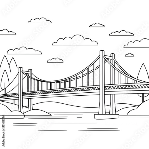 A black and white bridge illustration line art of a coloring page