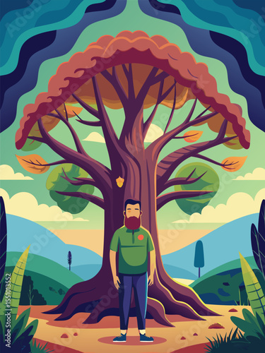 Man Standing under a Large Tree in a Scenic Landscape