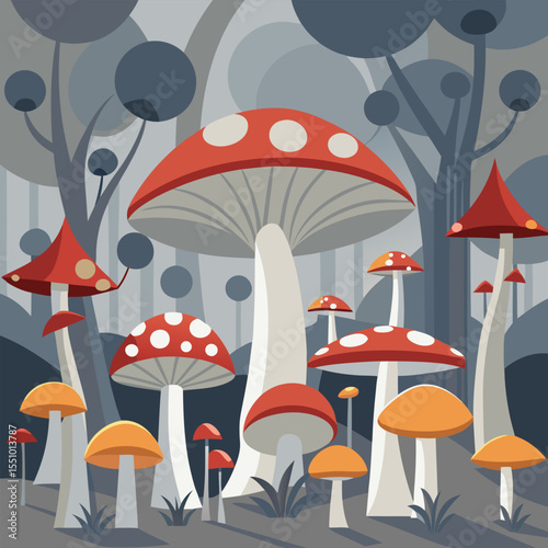 Enchanted Forest. A whimsical illustration of vibrant mushrooms in a mystical forest setting