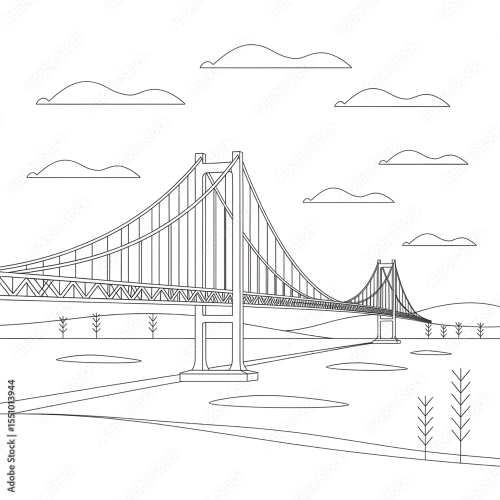 Fototapeta premium A black and white bridge illustration line art of a coloring page