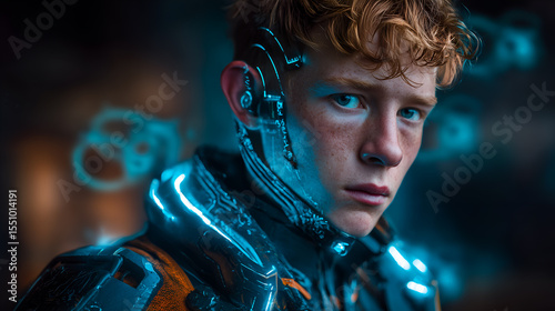 futuristic portrait of a young person with a cybernetic ear, enhanced features. The futuristic setting enhances the mood, with neon blue lights on its cybernetic body