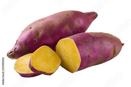 A whole purple sweet potatoes and two slices showcasing their vibrant yellow flesh isolated on transparent background
