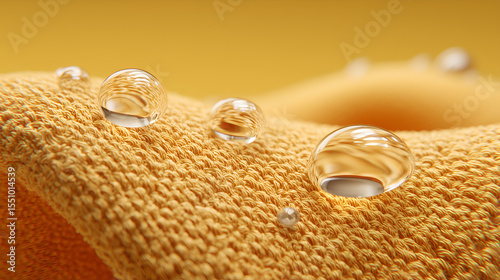 Clear water droplets on yellow fabric, showcasing water resistance and texture. Close-up shot of water droplets and the fabric surface, highlighting the fabric's characteristics