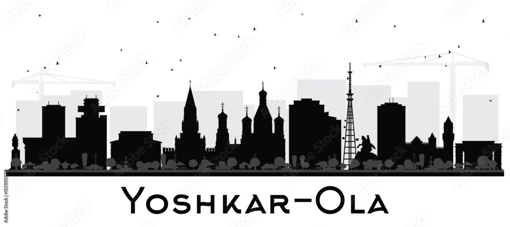 Fototapeta premium Yoshkar Ola Russia city skyline silhouette with black buildings isolated on white. Yoshkar Ola cityscape with landmarks. Travel and tourism concept with modern and historic architecture.