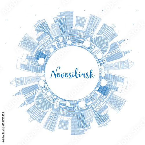 Outline Novosibirsk Russia city skyline with blue buildings and copy space. Novosibirsk cityscape with landmarks. Business concept with modern and historic architecture.