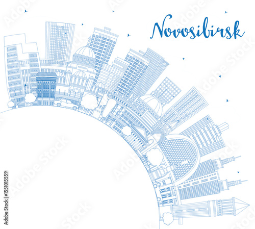 Outline Novosibirsk Russia city skyline with blue buildings and copy space. Novosibirsk cityscape with landmarks. Business concept with modern and historic architecture.