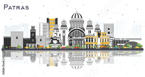 Patras Greece City Skyline with Color Buildings and reflections Isolated on White. Illustration. Travel and Tourism Concept with Historic and Modern Architecture. Patras Cityscape with Landmarks.