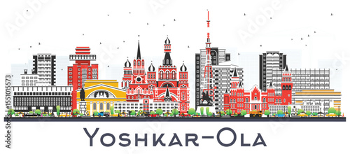 Yoshkar Ola Russia city skyline with color buildings isolated on white. Yoshkar Ola cityscape with landmarks. Business travel and tourism concept with modern and historic architecture.