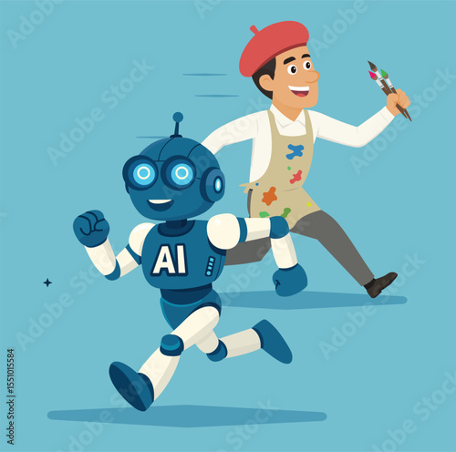 Smiling AI robot and cheerful artist with brushes are running together. Cartoon style. Creativity, technology, and collaboration between humans and machines.