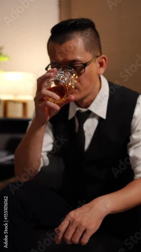 Businessman holding a glass of whiskey, sitting and drinking in a room