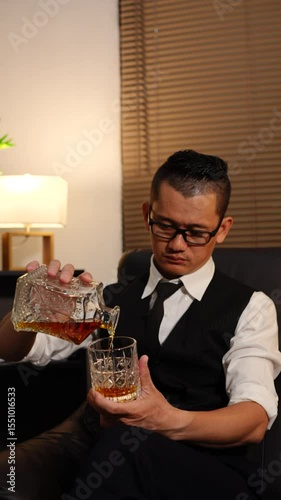Businessman holding a glass of whiskey, sitting and drinking in a room