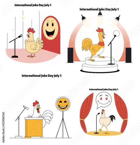 4 vector set of Funny rubber chicken doing stand-up comedy – flat vector illustration for International Joke Day on white background

