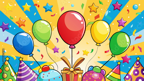 A vibrant party explodes with balloons gifts and confetti in a cartoon design