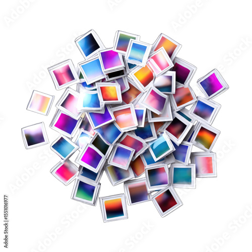 Colorful, vibrant, abstract image of many small, square, photo-like frames with gradient colors