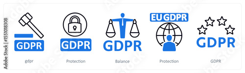 A set of 5 mix icons as gdpr, protection, balance