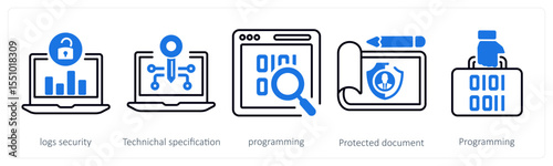 A set of 5 mix icons as logs security, technical specification, programming