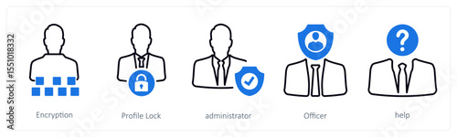A set of 5 mix icons as encryption, profile lock, administrator