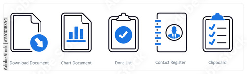 A set of 5 mix icons as download documen, chart document, done list