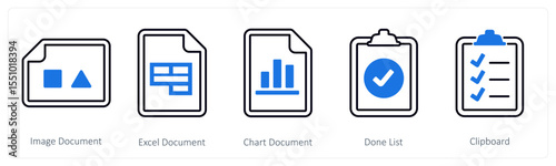 A set of 5 mix icons as image document, excel document, chart document