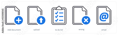 A set of 5 mix icons as add document, upload, to do list