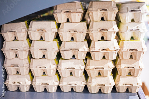 fresh farm chicken eggs in the supermarket. Economic crisis and default