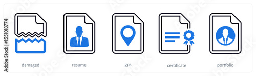 A set of 5 mix icons as damaged, resume, gps