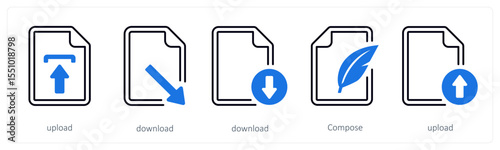 A set of 5 mix icons as upload, download, compose