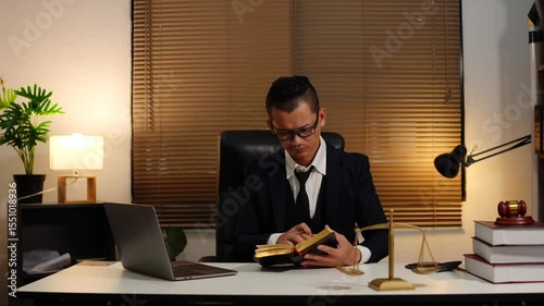 Male lawyer is sitting at work, using a laptop, and has legal books on his desk.
