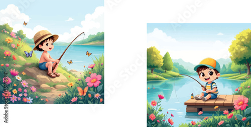 Vsai children fishing in beautiful landscape with butterflies and flowers