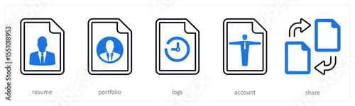 A set of 5 mix icons as resume, portfolio, logs