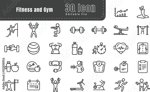 Fitness and gym Line Editable Icons set. Pixel perfect. Thin outline Editable Stroke. Icon types of physical activity, proper nutrition, and sports equipment.