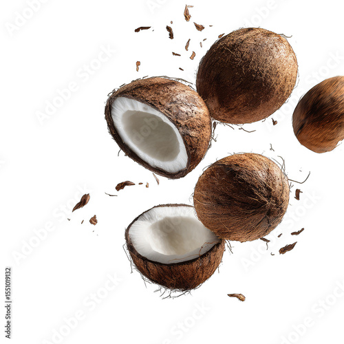 Fresh coconuts in mid-air, halves and whole